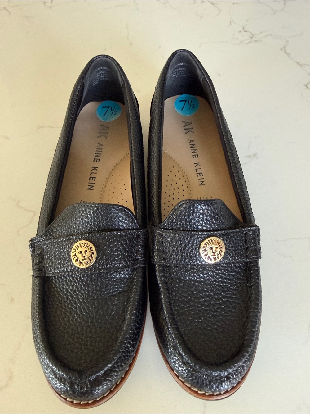 Anne Klein Black Pebbled Leather Loafers with Gold Medallions